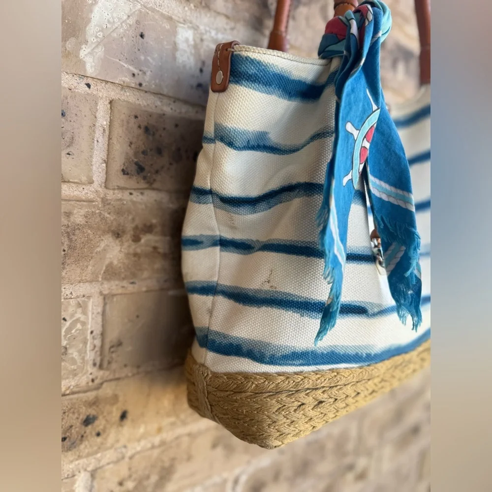 Brighton Espadrille Blue and White Striped Nautical Tote with Tan Handles - Picture 6 of 16